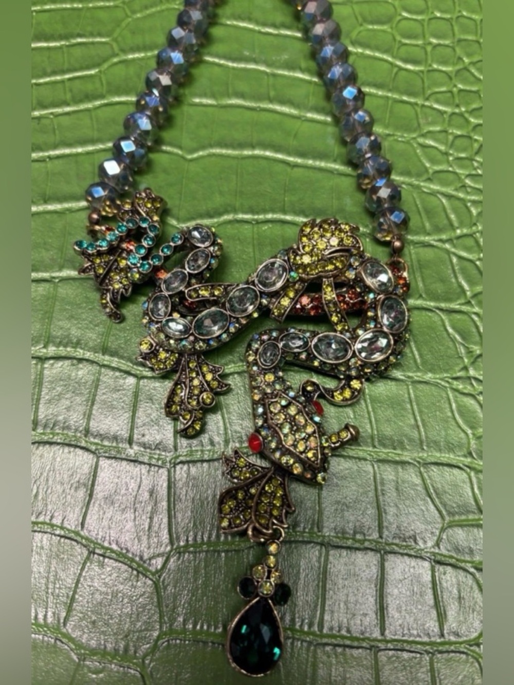 Multicolor Crystal Statement Snake Necklace - Green and Teal Accents